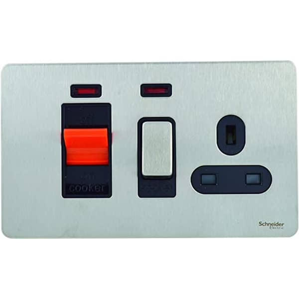 Schneider Ultimate Stainless Steel Screwless Flat Plate 45A + 13A Cooker Control Unit & Socket Black Insert Schneider Ultimate Stainless Steel Screwless Flat Plate 45A + 13A Cooker Control Unit & Socket Black Insert