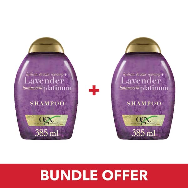 OGX Shampoo Hydrate & Color Reviving + Lavender Luminescent Platinum With UVA/UVB Filters 385ml - Pack of 2 Pieces (Bundle Offer) OGX Shampoo Hydrate & Color Reviving + Lavender Luminescent Platinum With UVA/UVB Filters 385ml - Pack of 2 Pieces (Bundle Offer)