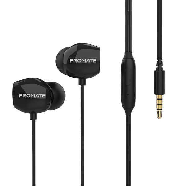 Promate Wired Earphones with Mic, Silicone Buds and 3.5mm Tangle-Free Cord, Presto.Black