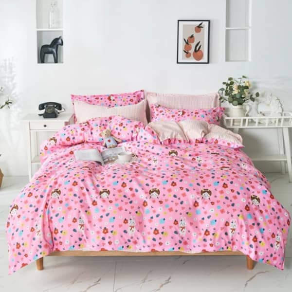DEALS FOR LESS - Single Size, Duvet Cover, Bedding Set of 4 Pieces, Pink Color with flower Design, 1 Duvet cover + 1 Fitted bedsheet + 2 pillow covers