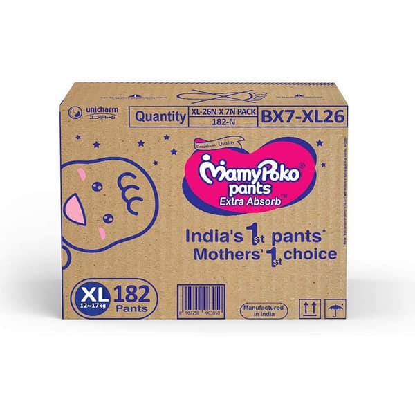 Mamypoko Jumbo Pack, Diaper Pants Standard Style, Size Extra Large, 12-17 Kg (182 Counts)