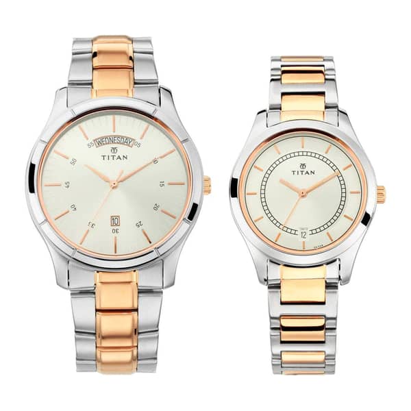 Titan, 1767KM01P, Couples Watch Classique Collection Analog, White Dial Silver & Gold Stainless Band