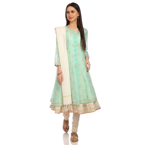 BIBA Aqua & Off White Front Open Anarkali Suit Set Size 36