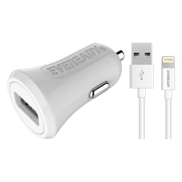 Eveready Car Charger With Lightning Cable 1m White - 1BELI3 Eveready Car Charger With Lightning Cable 1m White - 1BELI3