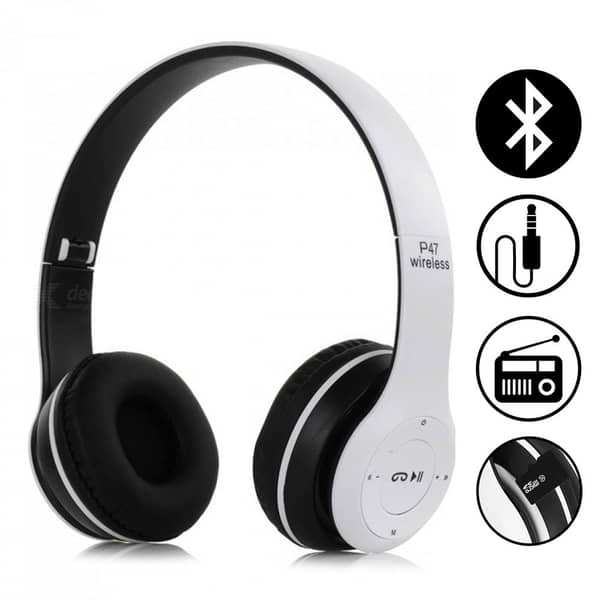 P47 Universal Foldable EDR Wireless Headphones Bluetooth 4.2 Overhead Headset with Noise Canceling and MP3/MP4/FM Player WHITE