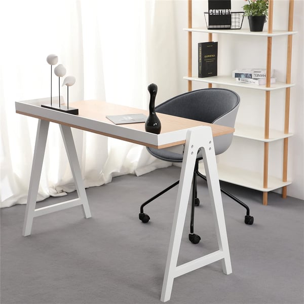 Daamudi Kai Desk, Modern Nordic Desk, Study Desk, Computer Desk For Home Office With Solid Wood Base & Oak Top White