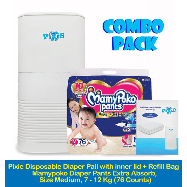 Pixie Disposable Diaper Pail with inner lid + Refill Bag + Pampers Diaper Medium 76 Counts