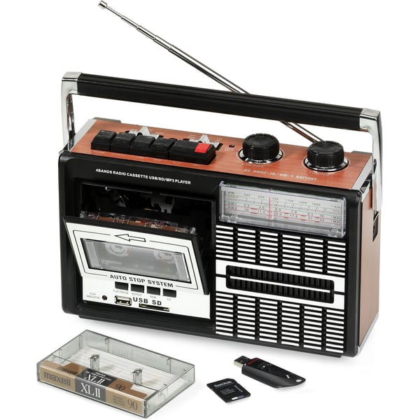 Ricatech Pr85 Portable 80s Style Radio With Cassette Player And Recorder Usb And Sd Card Slots Built In Microphone Auto Stop Function 3.5mm Headphone Jack And Built In Speaker 1x8 Watts
