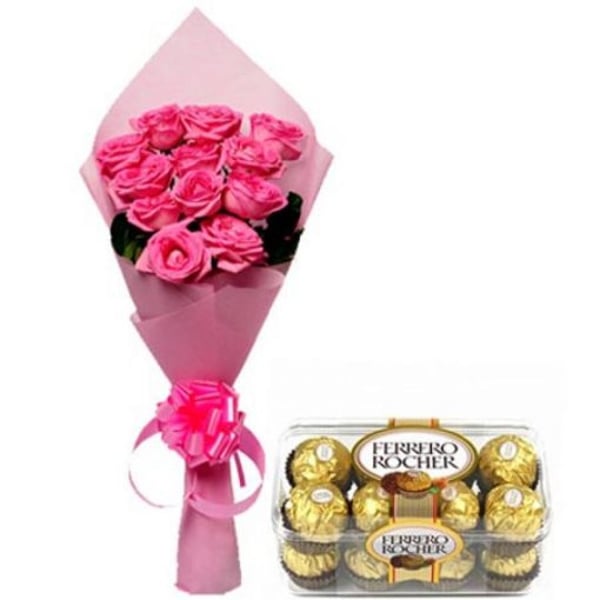 12 Garden Fresh Pink Roses & Delicious Chocolates