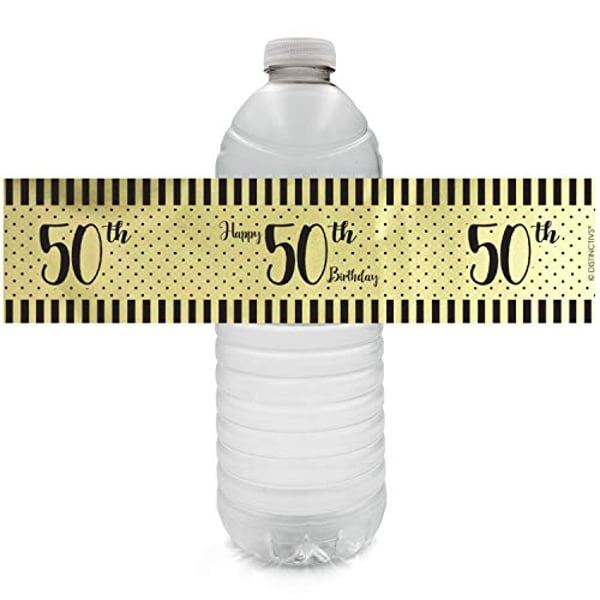 DISTINCTIVS Black And Gold 50Th Birthday Water Bottle Labels - Shiny Foil - 24 Stickers