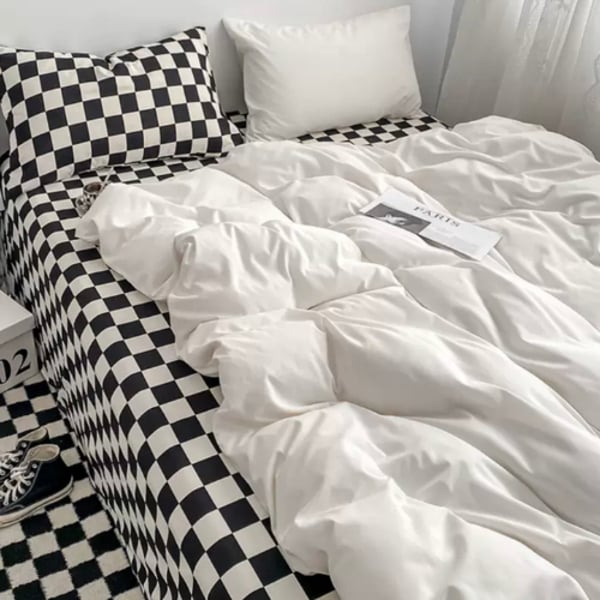 Luna Home Single Size 4 Pieces Bedding Set Without Filler, Plain White And Black Checkered Design
