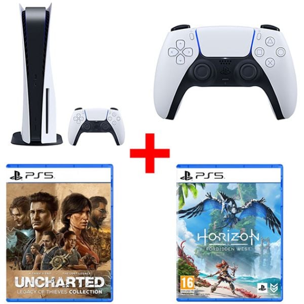 Sony PS5 CFI1116A01 Gaming Console 825GB White + PS5 CFIZCT1W DualSense Wireless Controller + PS5 Uncharted Legacy of Thieves Collection Game + PS5 Horizon Forbidden West Game