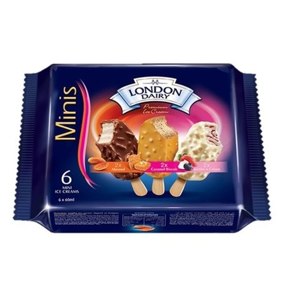 London Dairy Mini Ice Creams 6x60ml - 2xAlmond + 2xCaramel Biscuit + 2xBerries N Cream