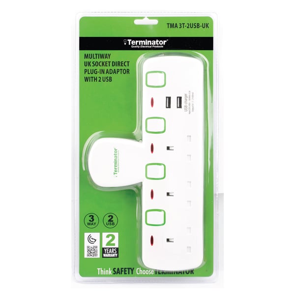 Terminator 13 Amp 3 Way Multi Adaptor T-Socket with 2 USB TMA 3T-2USB-UK Terminator 13 Amp 3 Way Multi Adaptor T-Socket with 2 USB TMA 3T-2USB-UK