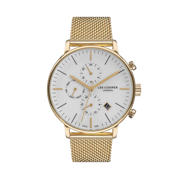 Lee Cooper, LC07072.130, Mens Analog Watch, White Dial Stainless Steel Gold Mesh Strap Lee Cooper, LC07072.130, Mens Analog Watch, White Dial Stainless Steel Gold Mesh Strap