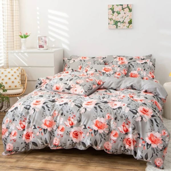 Luna Home Queen/double Size 6 Pieces Bedding Set Without Filler, Gray Color With Pink Floral Design