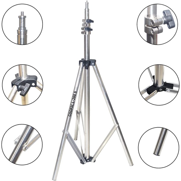 Coopic L-200s Stainless Steel With Black Plastic Light Stand 2m/200cm Portable Multi-functional Photo Video Studio Lighting Photography Stands Tripod