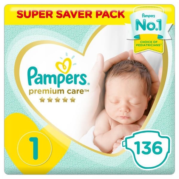 Pampers Premium Care Diapers Size 1 Newborn 2-5 kg Super Saver Pack 136 Count