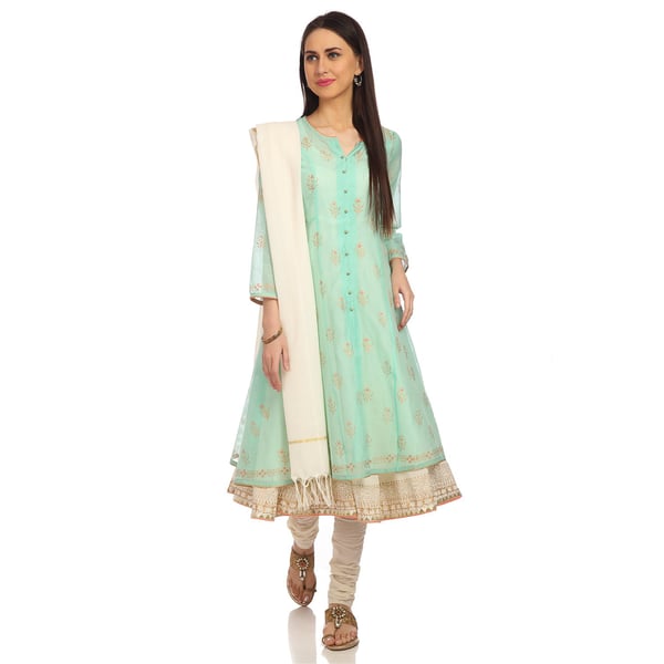 BIBA Aqua Off White Front Open Anarkali Suit Set Size 34 Online