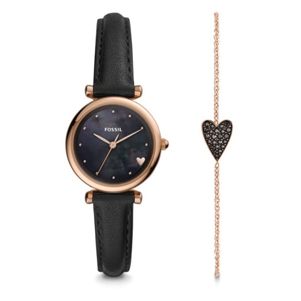 Fossil ES4506SET Carlie Mini Three-Hand Black Leather Watch and Bracelet Box Set