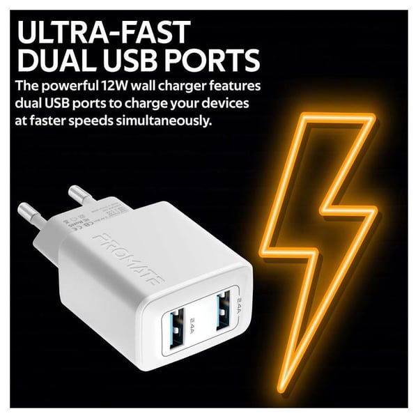 Promate Dual USB Port Wall Charger White Promate Dual USB Port Wall Charger White