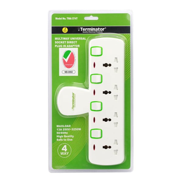 Terminator 4 Way T-Socket Multi Adaptor with Individual Switches & Indicators Terminator 4 Way T-Socket Multi Adaptor with Individual Switches & Indicators