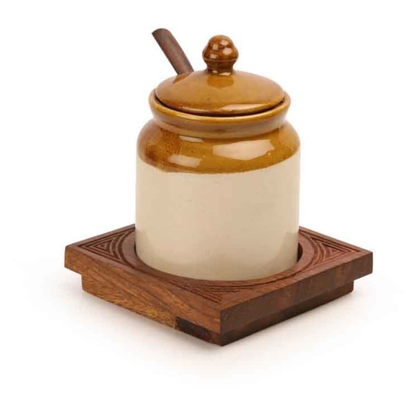 Moorni Old Fashioned Ceramic Jar with Hand Carved Tray