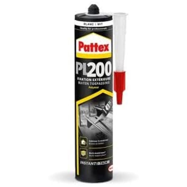 Pattex Construction Glue Adhesive Polymer PL-200 weather - and aging - resistant solvent - and isocyanate - free over - paintable and sandable neutral odour low shrinkage.