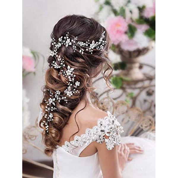 Catery Flower Bride Wedding Headband Silver Crystal Pearl Hair Vine Braid Headpiece Bridal Accessories For Women - 65Cm,