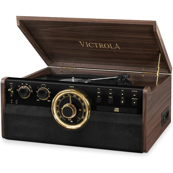 Victrola The Empire Vta-270b 6-in-1 Wood Bluetooth Mid Century Record Player With 3-speed Turntable, Cd, Cassette Player And Radio Music Centre