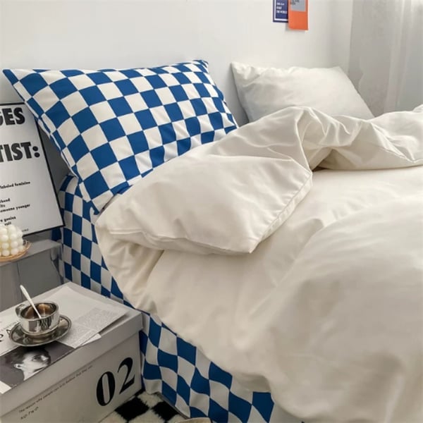 Luna Home Queen/double Size 6 Pieces Bedding Set Without Filler, Off White Color And Blue Checkered Design