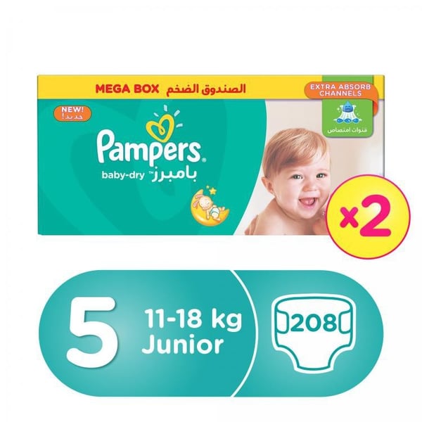 Pampers Baby-Dry Diapers, Size 5, Junior, 11-16kg, Double Giant Box, 208 Count