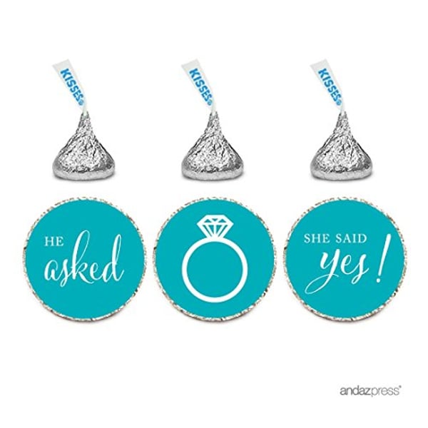 Andaz Press Chocolate Drop Labels Stickers, Wedding He Asked She Said Yes!, Aqua, 216-Pack, For Bridal Shower Engagement Hershey's Kisses Party Favors Decor Andaz Press Chocolate Drop Labels Stickers, Wedding He Asked She Said Yes!, Aqua, 216-Pack, For Bridal Shower Engagement Hershey's Kisses Party Favors Decor