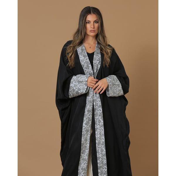 Washed Silk Black Printed Bordered Abaya Washed Silk Black Printed Bordered Abaya