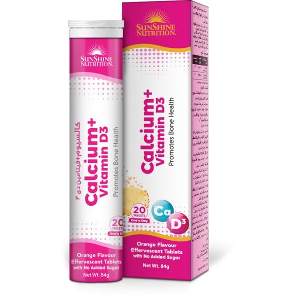 Sunshine Nutrition Calcium + Vitamin D3 Effervescent 20 Tablets