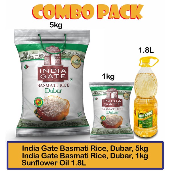 India Gate Basmati Rice, Dubar, 5kg + 1Kg + Sunflower Oil 1.8L India Gate Basmati Rice, Dubar, 5kg + 1Kg + Sunflower Oil 1.8L