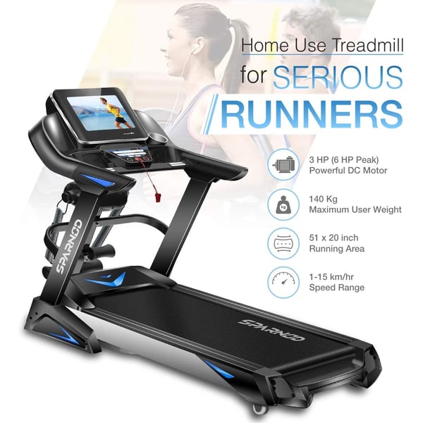 Sparnod Fitness Automatic Motorized Treadmill for Home Use - Touchscreen Display with Wifi and Massager-STH-6000 3 HP (6 HP Peak) Sparnod Fitness Automatic Motorized Treadmill for Home Use - Touchscreen Display with Wifi and Massager-STH-6000 3 HP (6 HP Peak)