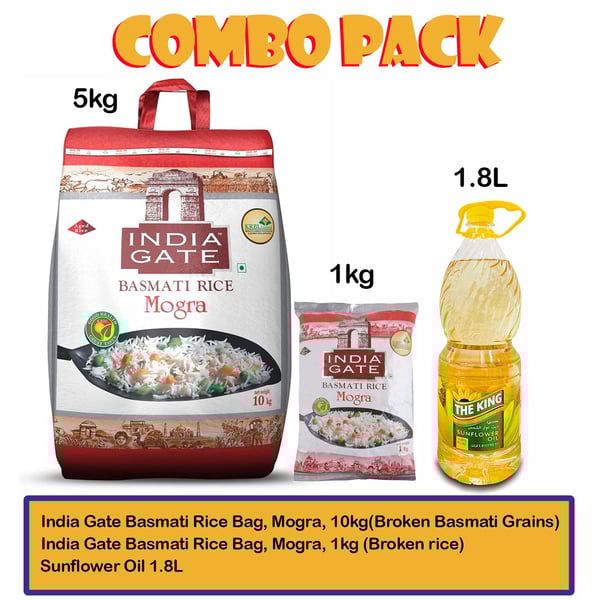 India Gate Basmati Rice Bag, Mogra, 10kg(Broken Basmati Grains) + 1Kg + Sunflower Oil 1.8L India Gate Basmati Rice Bag, Mogra, 10kg(Broken Basmati Grains) + 1Kg + Sunflower Oil 1.8L