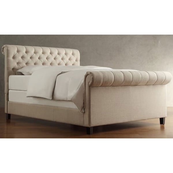 Oxford Rolled Top-Tufted Sleigh Bed Frame Super King with Mattress Beige