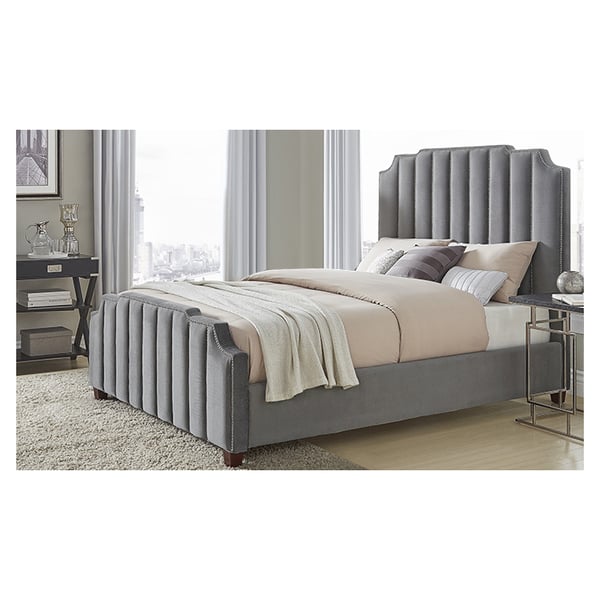Chareau Velvet Upholstered Nailhead King Bed without Mattress Grey