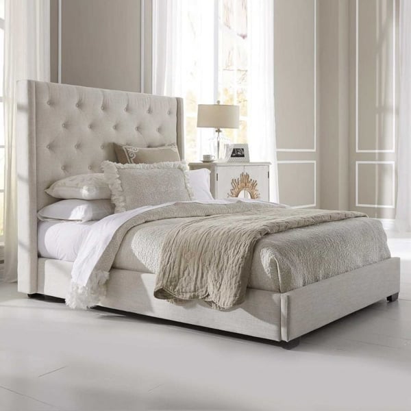 Button Tufted Bed Light Beige King Size Without Mattress