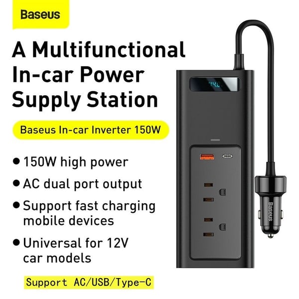 Baseus In- Car Inverter 150w Digital Display Dc 12v To Ac 220v Auto Converter Fast Charger