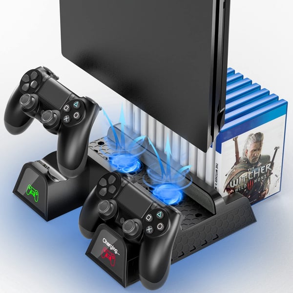 AMJ PS5 Cooling Stand with Charging Station and Suction Cooling Fan,Dual Controller Charger Station, Charging Dock Station and 12 Game Slots