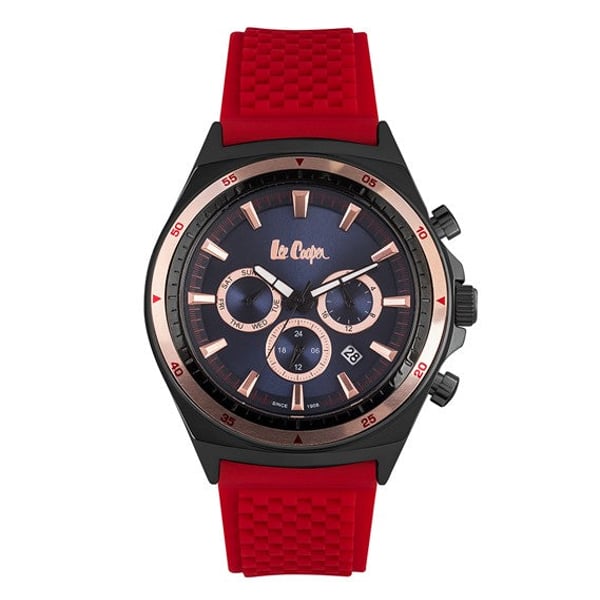 Lee Cooper, Lc06830.698, Mens Analog Watch, Blue Dial Multi-Function 3 Red Silicon Strap