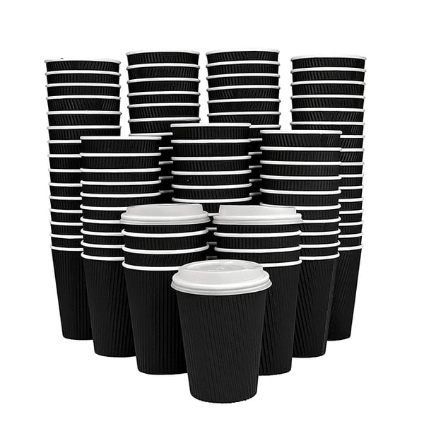 Buy Lavish [100 Cups] 8 Oz Black Ripple Paper Cups With Black Lid ...