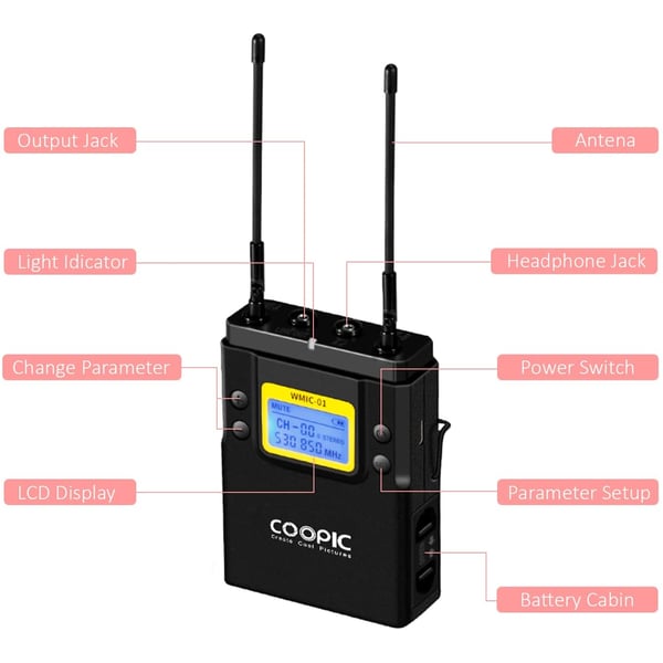 Coopic Uhf Dual-channel Wireless Microphone R1 Receiver And 2-pack T1 Transmitters System Is Intended For Dslr Video And Field Recording Applications
