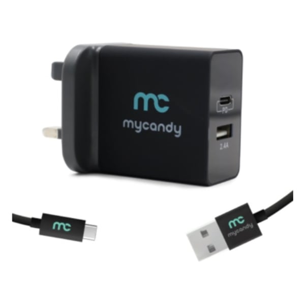 Mycandy Dual USB Charger With Type C Cable 1m - Black Mycandy Dual USB Charger With Type C Cable 1m - Black