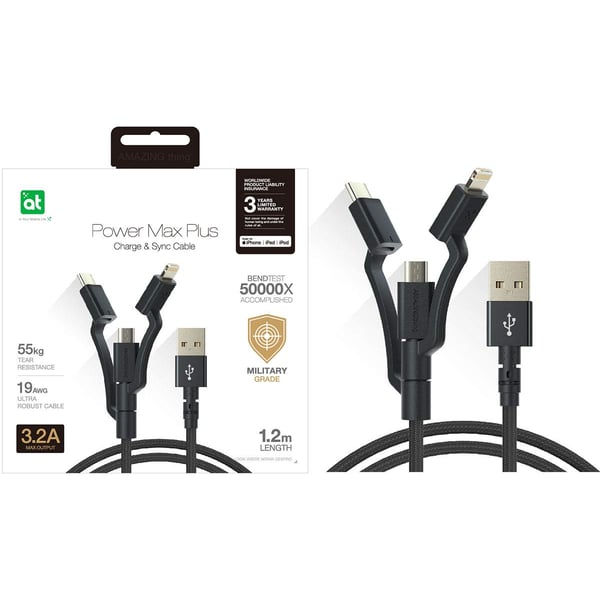 Amazing Thing 3 In 1 Cable Powermax Plus [3.2a] Multi Charger Cable [1.2m] Fast Charge Usb To Usb-c/lightning/micro Usb [19awg] Military Grade Kevlar For Iphone Ipad Galaxy & More - Black