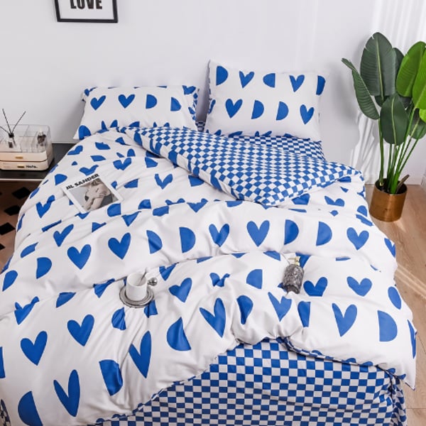 Luna Home Single Size 4 Pieces Bedding Set Without Filler, Hearts And Checkered Design Blue And White Color
