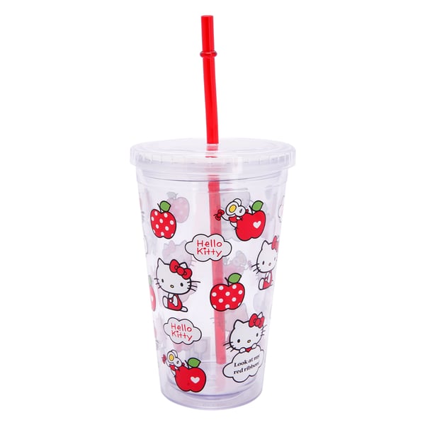 Hello Kitty Leak Proof Straw Cup, Clear, Apple Kt Logo Printed 450 Ml Hello Kitty Leak Proof Straw Cup, Clear, Apple Kt Logo Printed 450 Ml